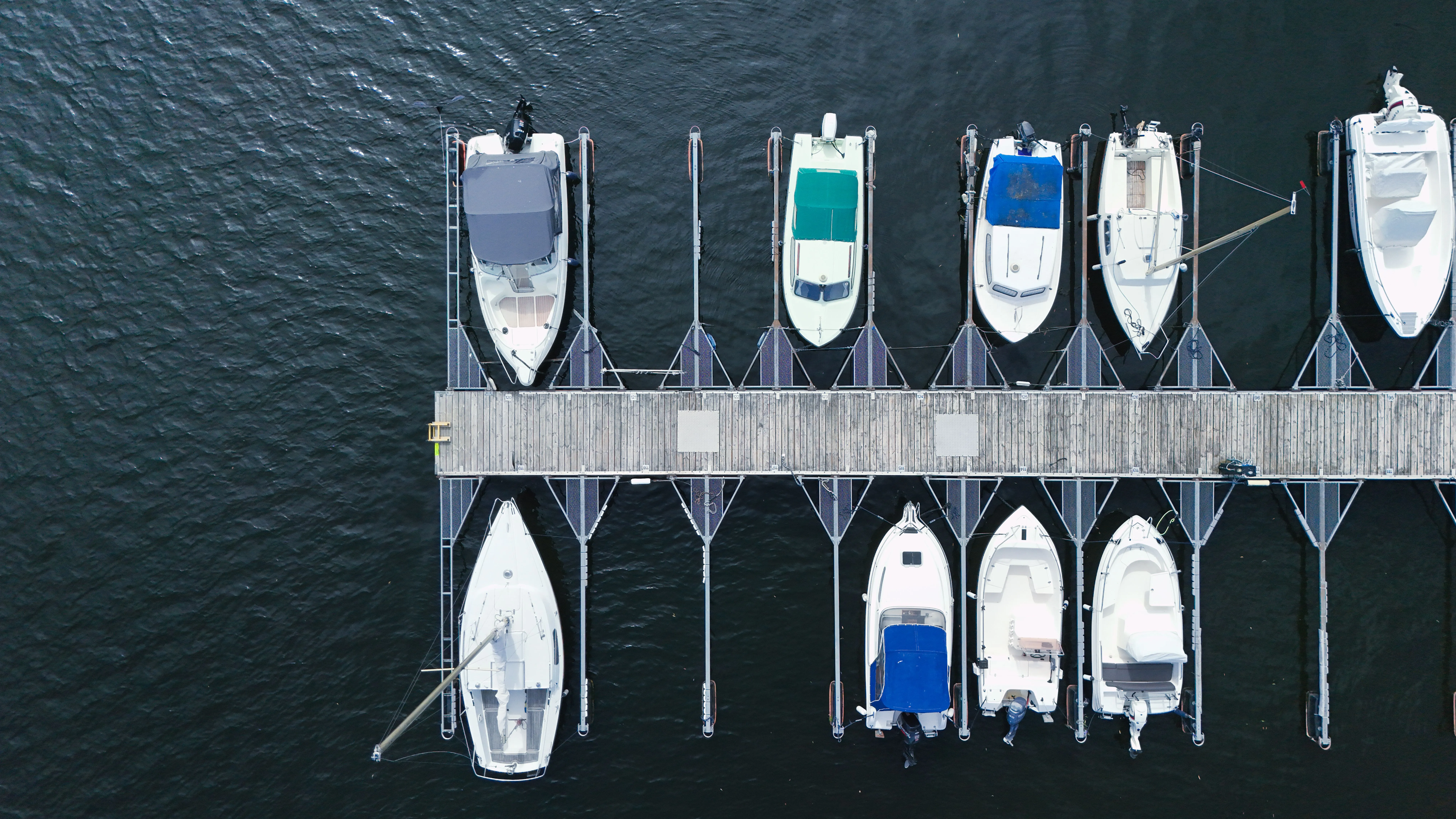 Charter boats at their slips on a calm morning at the marina