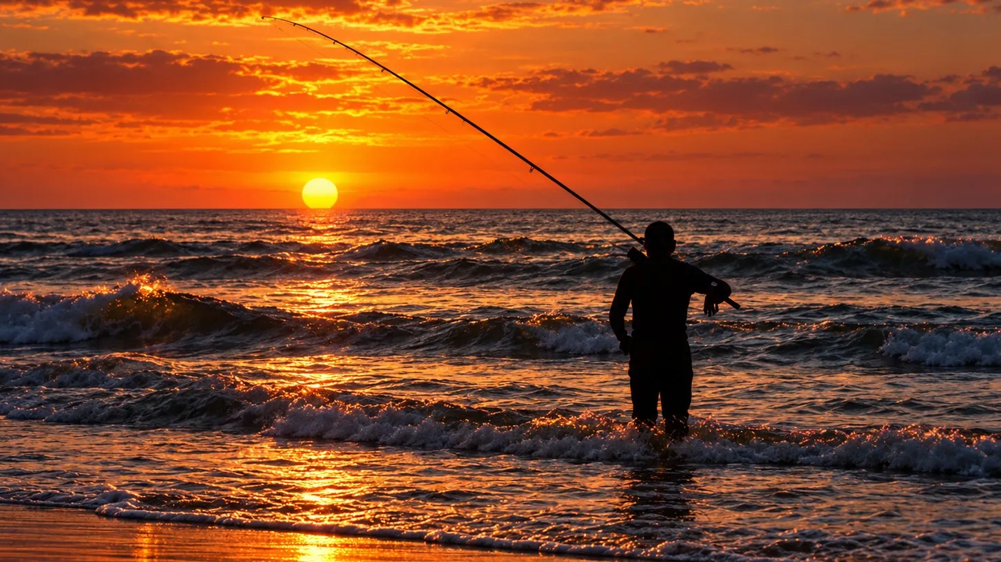 An angler surf fishing from the beach at sunset