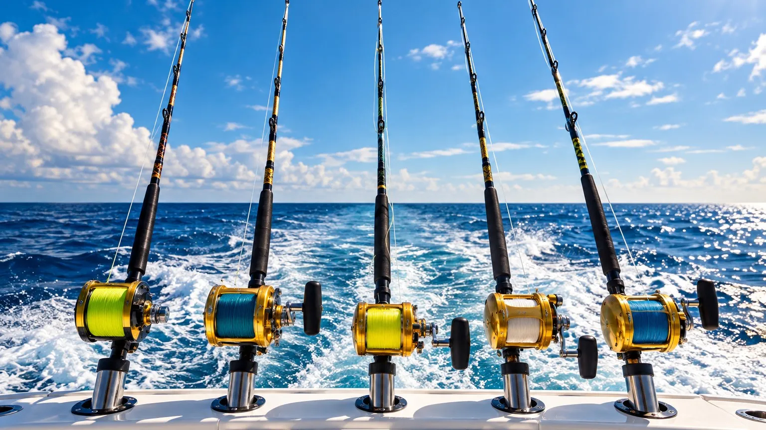Trolling rods set in the rod holders over the wake of a boat offshore