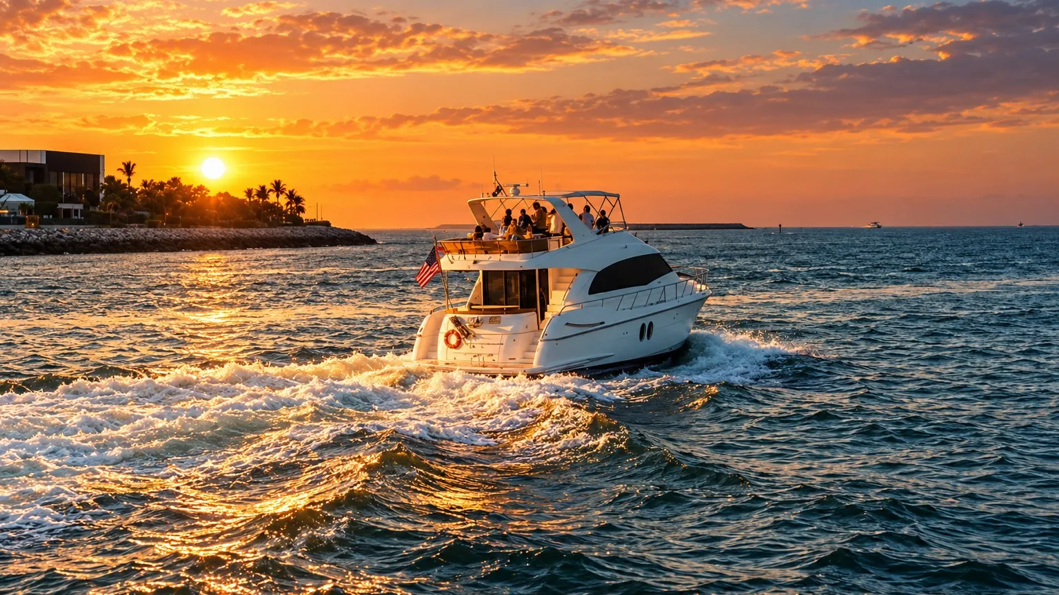 A group aboard a private charter boat heading out at sunset
