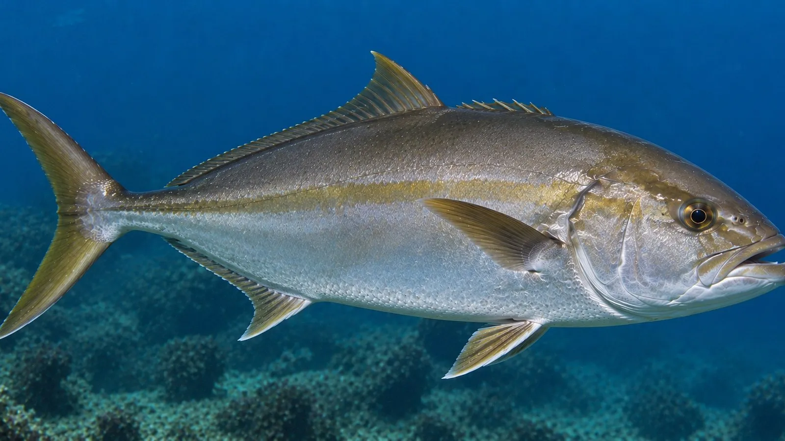 A greater amberjack in open water over structure