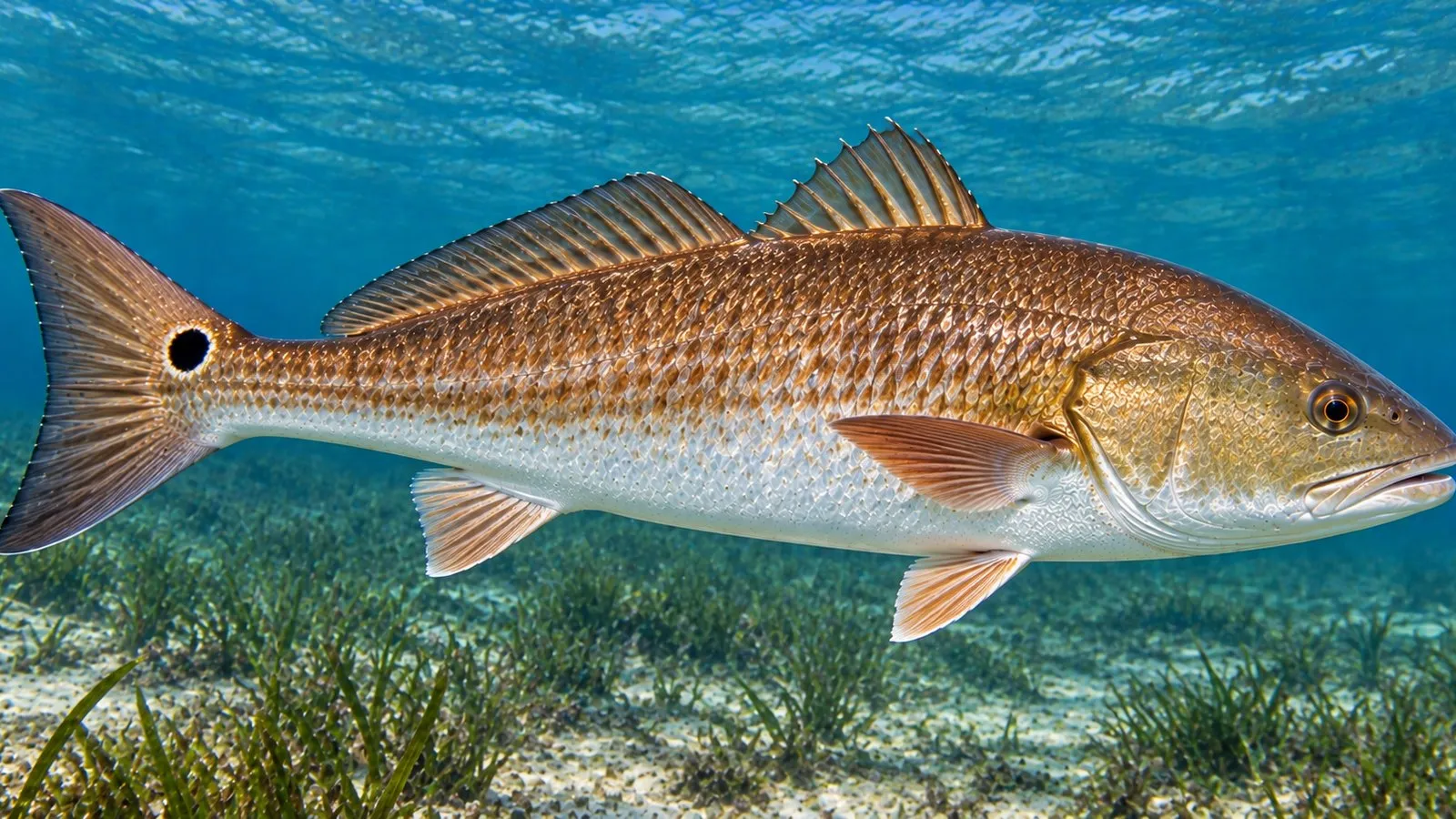 A redfish over a grass flat