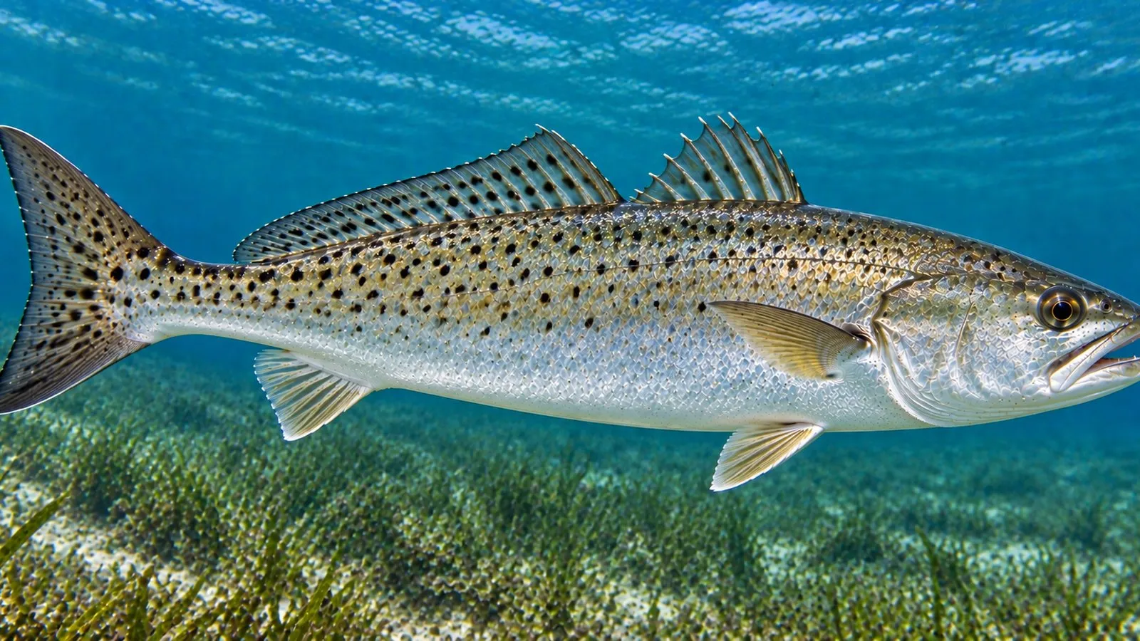 A speckled trout over a grass flat