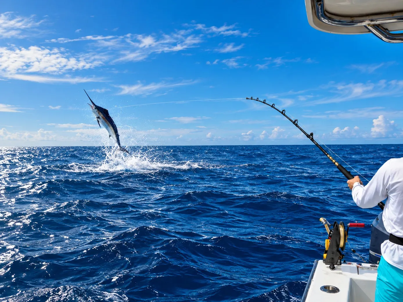 An angler fighting a billfish that has jumped clear of the water offshore
