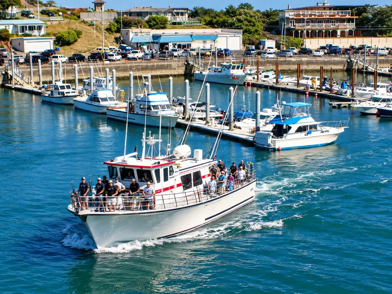A charter boat heading out from the marina on a calm morning