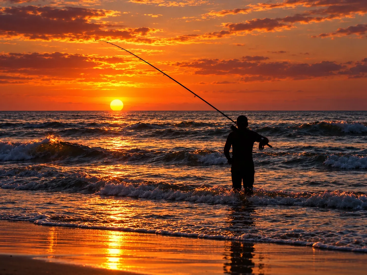 An angler surf fishing from the beach at sunset