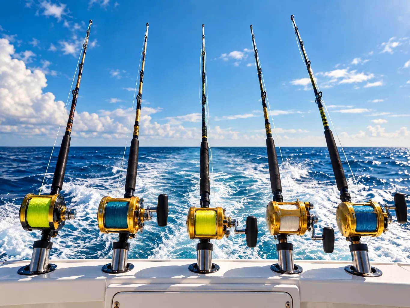 Trolling rods set in the rod holders over the wake of a boat offshore