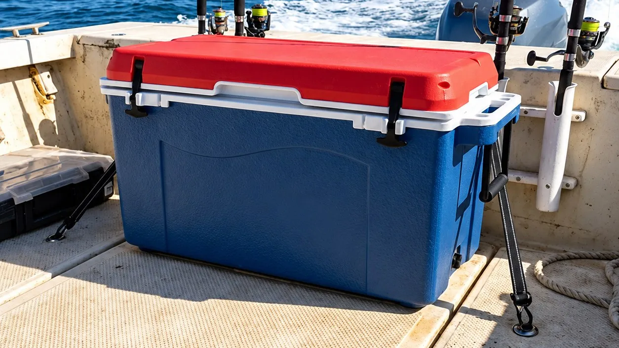 A cooler strapped to the deck of a charter boat under way, rods in the holders behind it